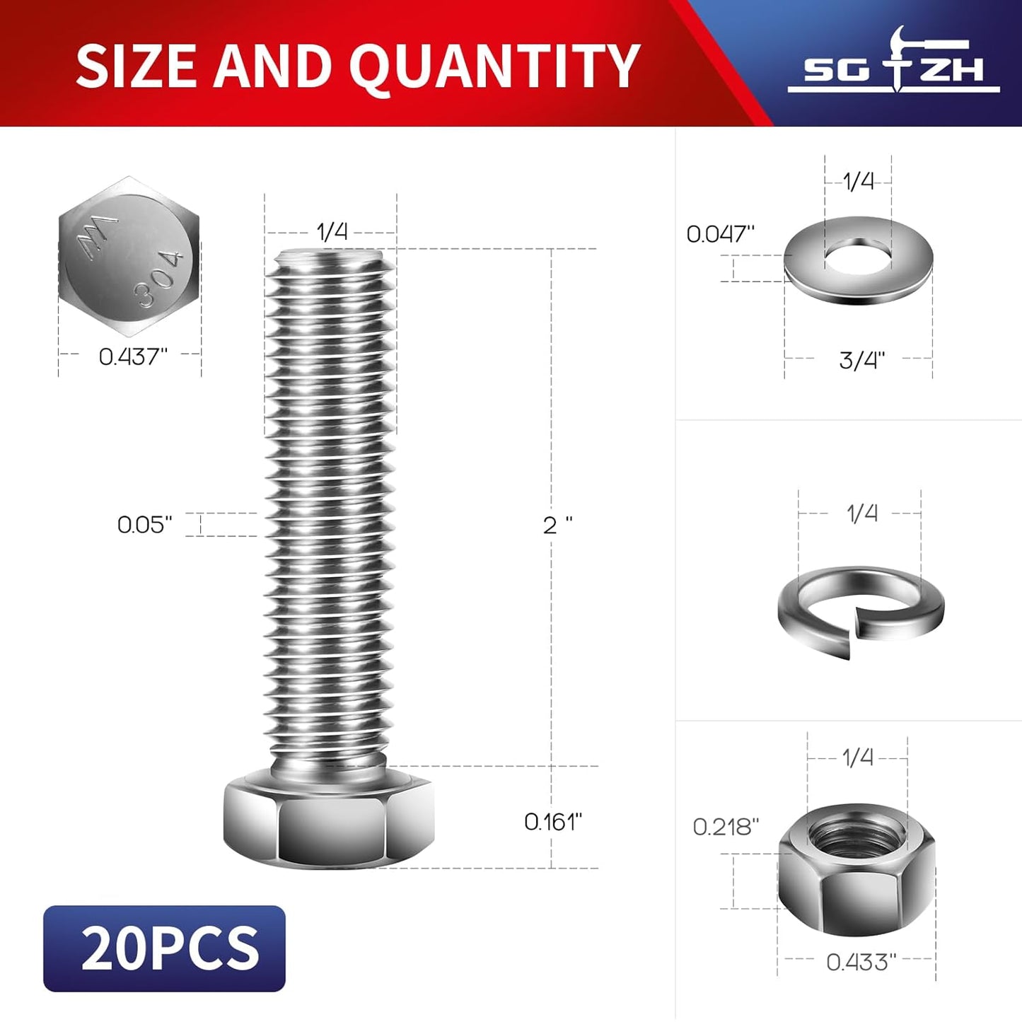 1/4-20 x 2" Hex Head Screw Bolt, Nuts, Flat & Lock Washers, 20Pcs 18-8 (304) Stainless Steel, Fully Threaded, by SG TZH