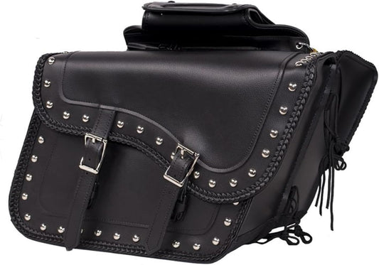 GARGOYLE BELLS Motorcycle Saddle Bags Synthetic Leather Motorcycle Luggage Bag Waterproof Throw Over Saddlebags For Softails Sportsters Choppers Dyna V-star Shadow (With Studs, Black, 16"x13"x11.5")