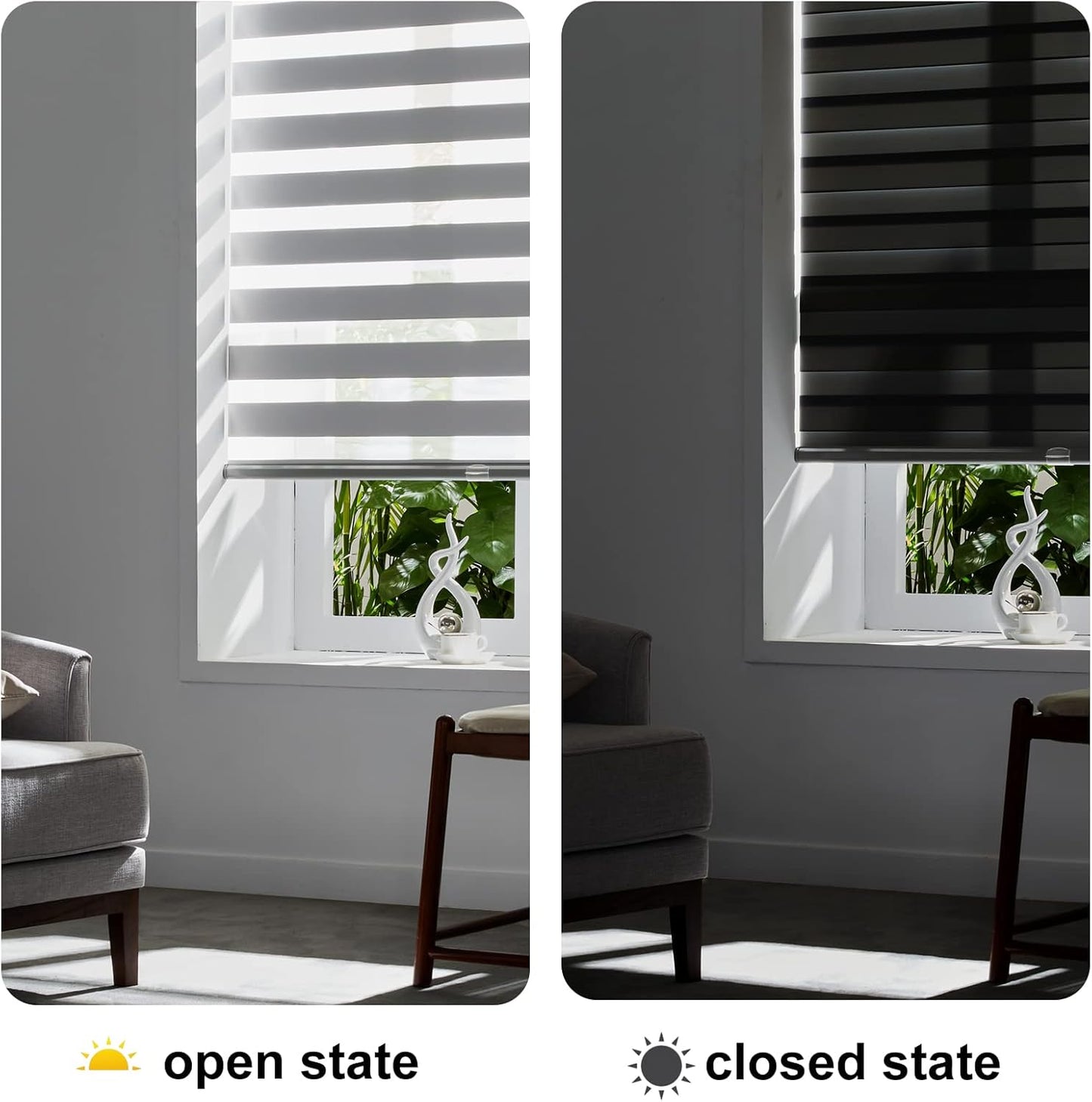 Persilux Cordless Zebra Blinds for Windows Free-Stop Roller Shades (71" W X 72" H, Grey) Dual Layer Light Cintrol for Day and Night, Light Filtering Sheer Shades for Home, Easy to Install