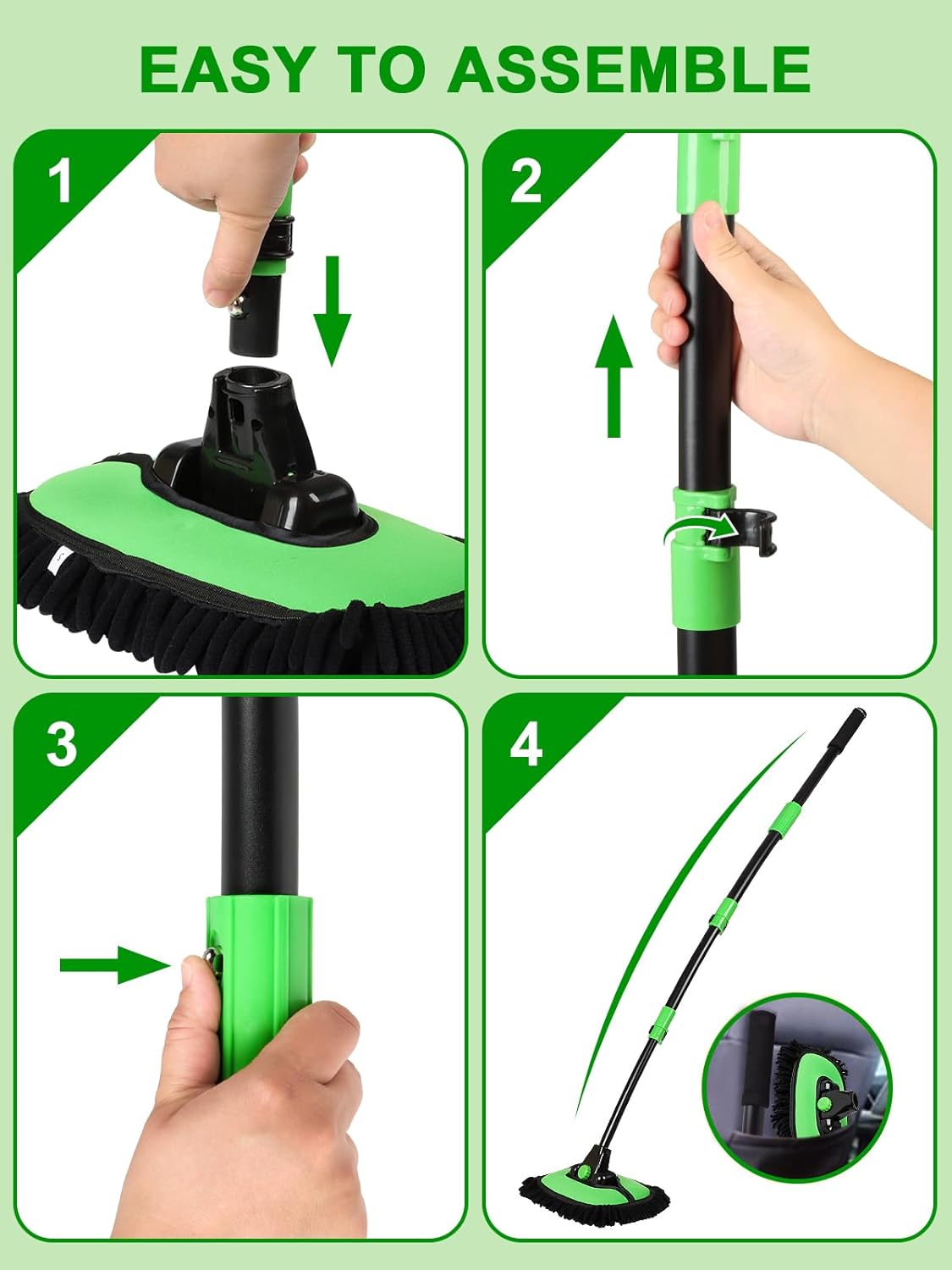 53" 15° Curved Car Wash Brush with Long Handle High Density Chenille Soft Bristle Brush Head Suitable for Cleaning Detail Roof Wheel Windshields Truck SUV RV Window