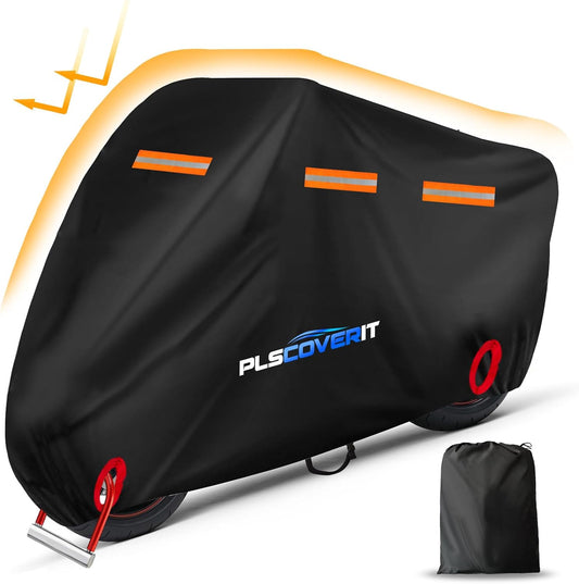 Motorcycle Cover, 600D Heavy Duty Waterproof Motorbike Cover, Dustproof Motorcycles Vehicle Cover Scooter Shelter Protection with Reflective Strips & Storage Bag 97.5" x 41" x 50"