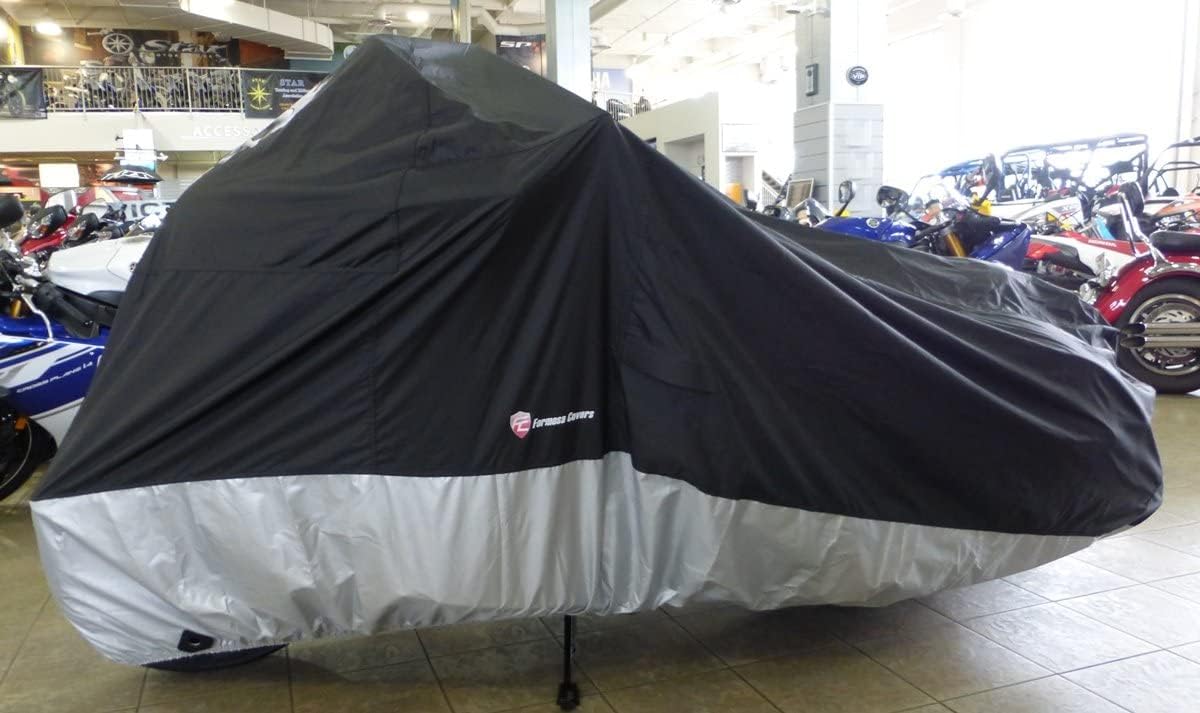 Formosa Covers | Motorcycle Cover, All Season Waterproof Outdoor Protection, Fit up to 108 Inch Tour Bikes, Choppers and Cruisers – Flaming Skull Logo (XXL, Black & Silver)