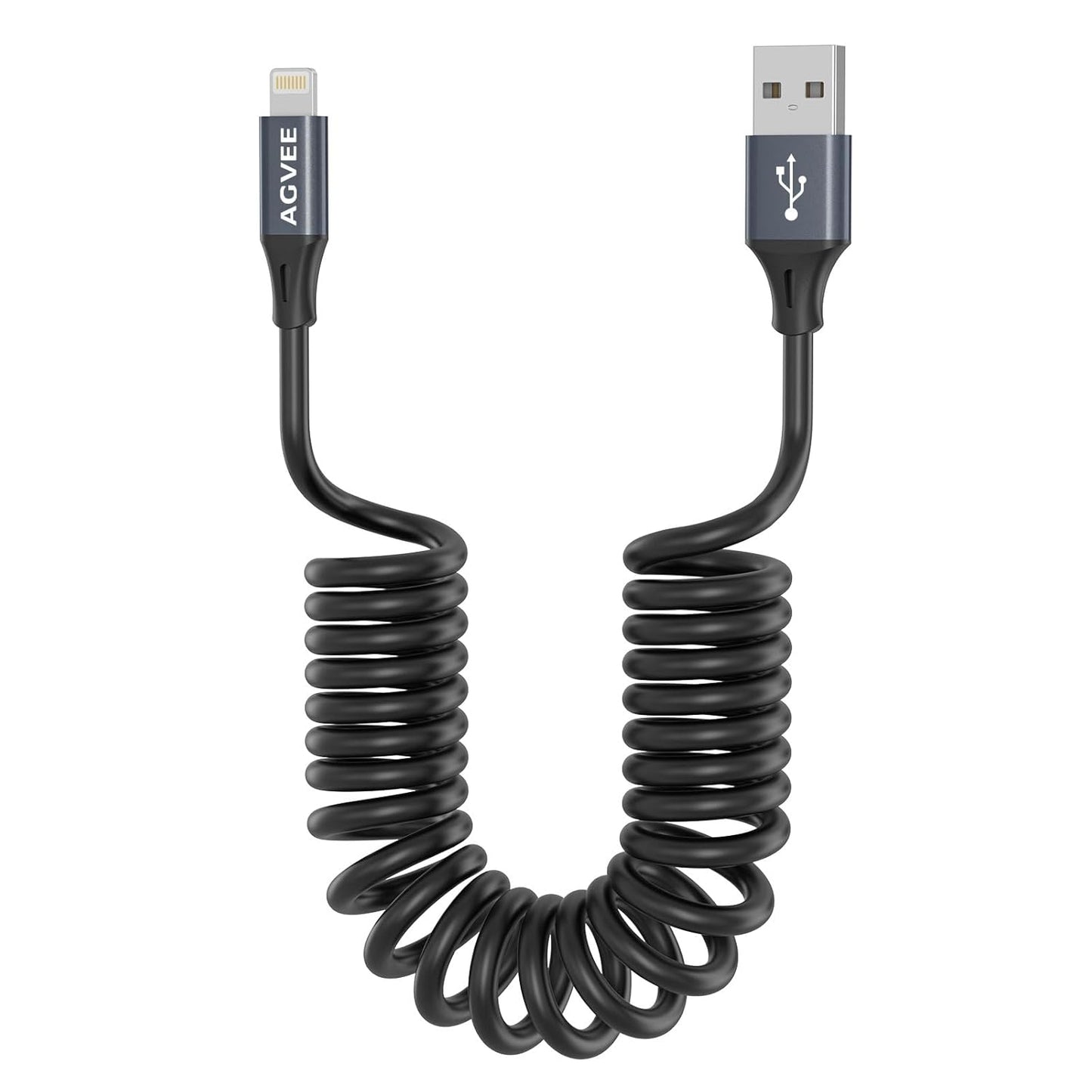 AGVEE 5ft Coiled Short USB to Lightning Charging Cable [MFI Certified] 3A Fast Charger Cord in Car for iPhone 14/13/12/11/XS/8/7/6/5 CarPlay, iPad, iPod, Dark Gray