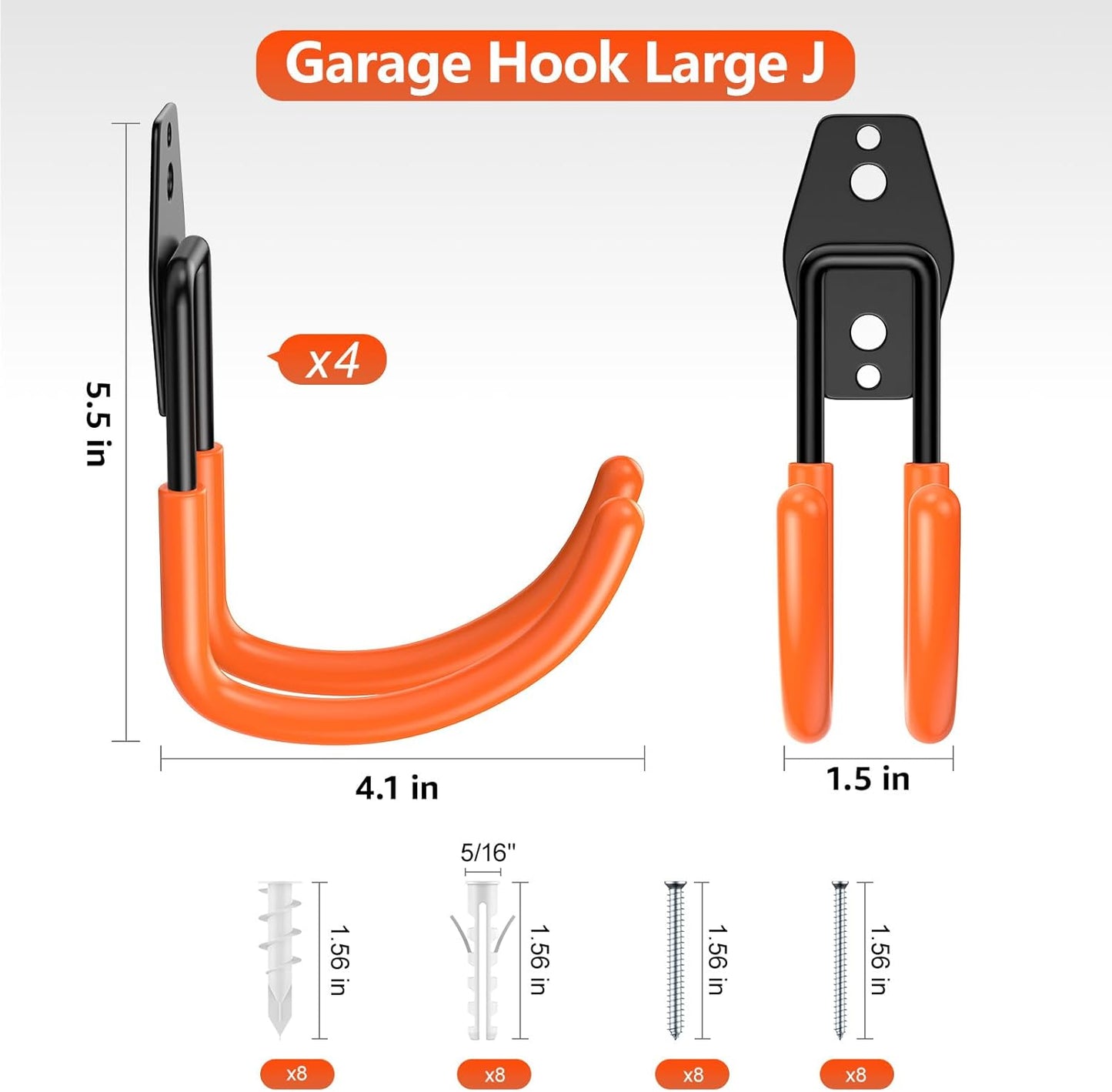 4 Pack 5.5x4.1 Inch Utility Steel Wall Mount Heavy Duty Garage Hooks with Anti-Slip Coating,Storage More Yard,Garden and Power Tools and for Hanging Hose,Ladder and Bike