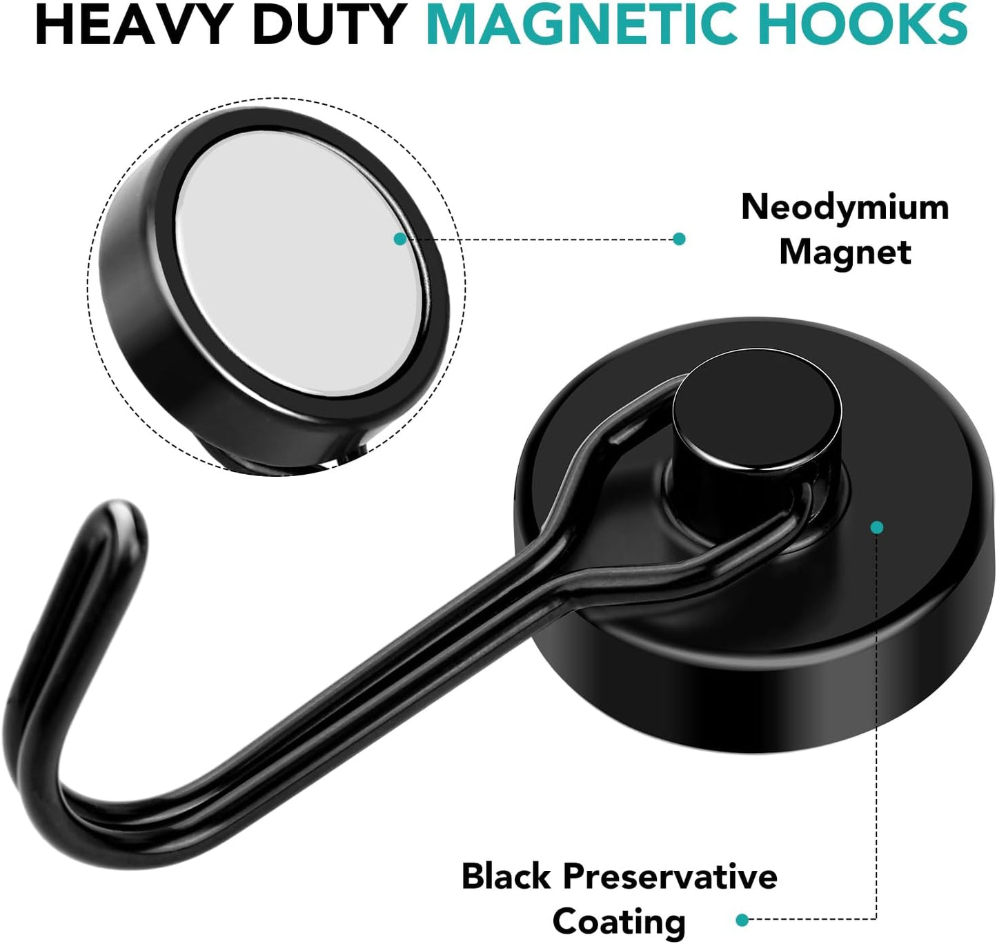 DIYMAG Black Magnetic Hooks, 80LBS Strong Magnetics Hooks Heavy Duty, Magnet Hooks with Metal Hanger for Hanging Refrigerator Home Kitchen Office, 8Pack