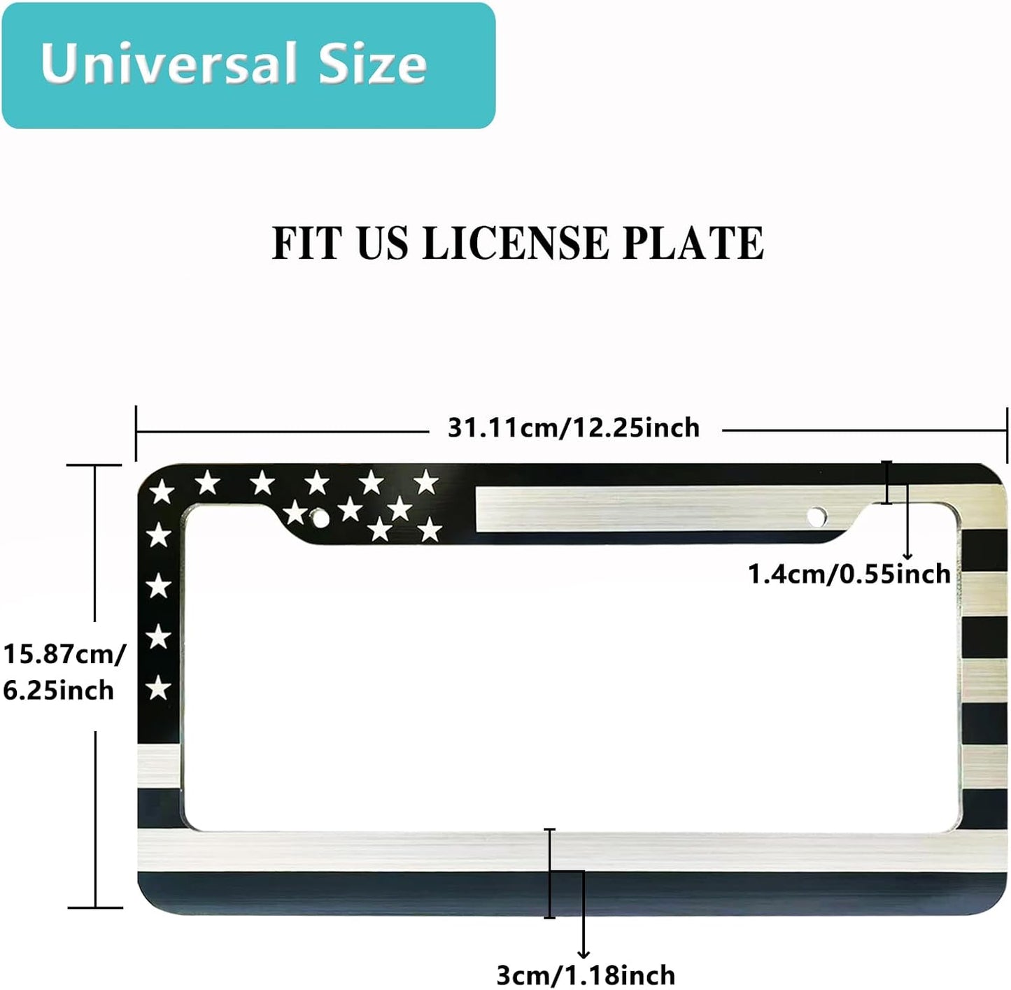 American Flag License Plate Frame- Black Front Rear Patriotic USA ‌Car Tag Frames, 2 Pack 2 Hole Heavy Duty Brushed Aluminum Plastic Composite Holder with Screws Caps