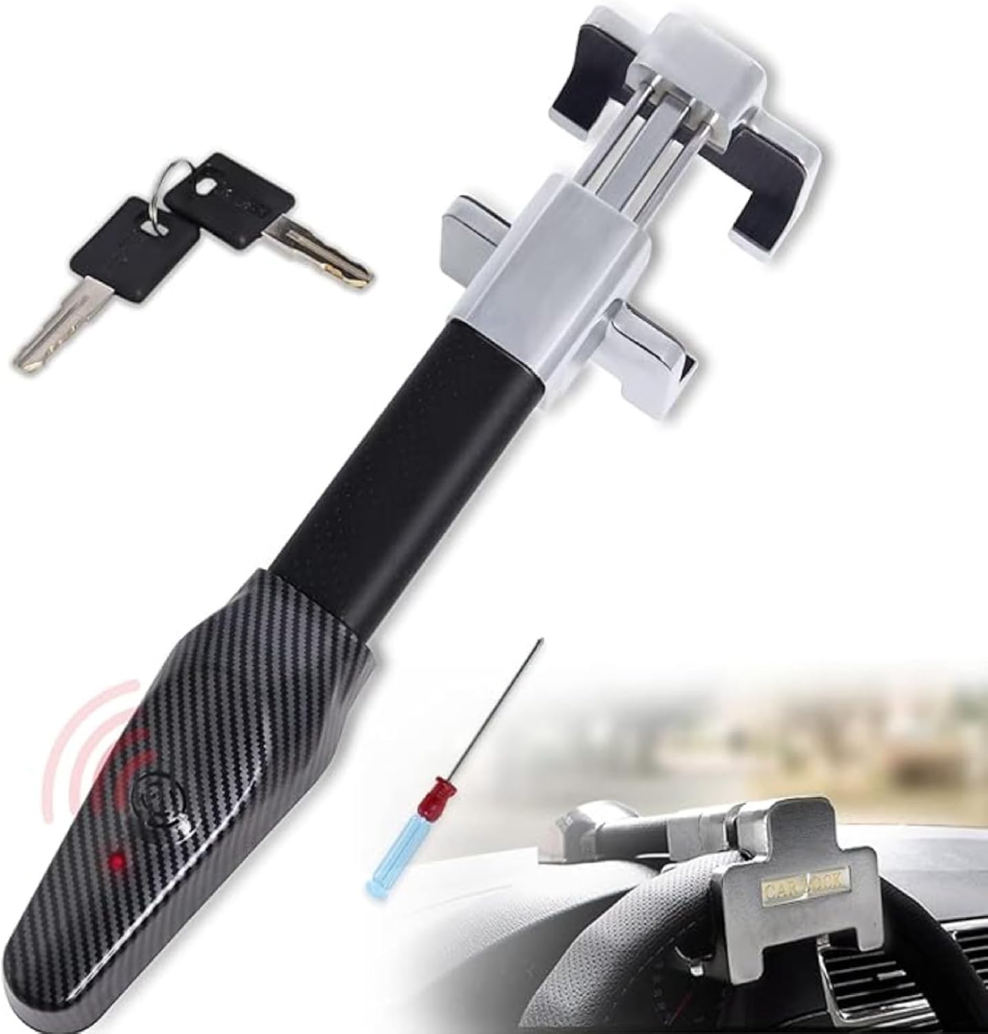 Amorin Steering Wheel Lock with Alarm and Light, Car Security Products Anti-Theft Device, Heavy Duty Car Theft Prevention Lock Bar for Car SUV Black + Silver