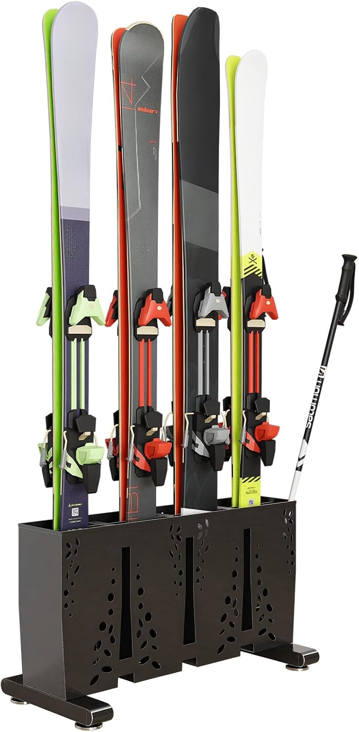 Heavy Duty Metal Ski Storage Rack, 4 Pair Freestanding Steel Ski Holder, Floor Stand Ski Organizer Rack, Snowboard Floor Stand Organizer for Garage and Home