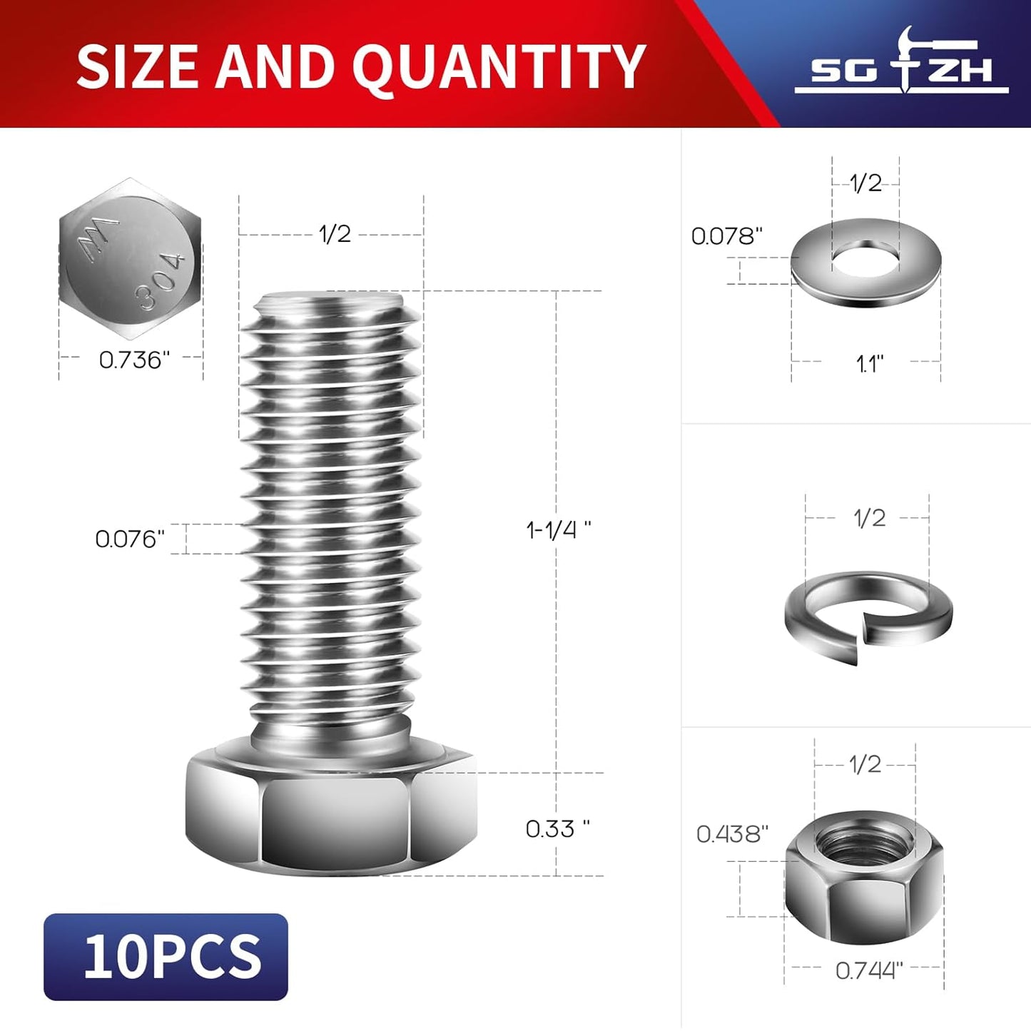 1/2-13 x 1-1/4" Hex Head Screw Bolt, Nuts, Flat & Lock Washers, 10Pcs 18-8 (304) Stainless Steel, Fully Threaded, by SG TZH