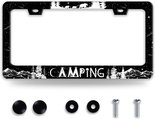 Camping License Plate Frame Forest Mountains License Plate Holder Funny Stainless Steel Accessories Cars Decor with 2 Holes and Screws Fits Standard Us Ca Vehicles License Plate Frames 12.2 X 6 Inch
