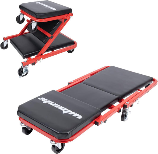Mechanic Creeper 36 Inches 2-in-1 Z Seat with Brake, 340 lbs Capacity, Foldable Garage Chair Adjustable Rolling Folding with 6 pcs Wheels Roller, Lay Down or Sit Under Car Auto Repair Red Black