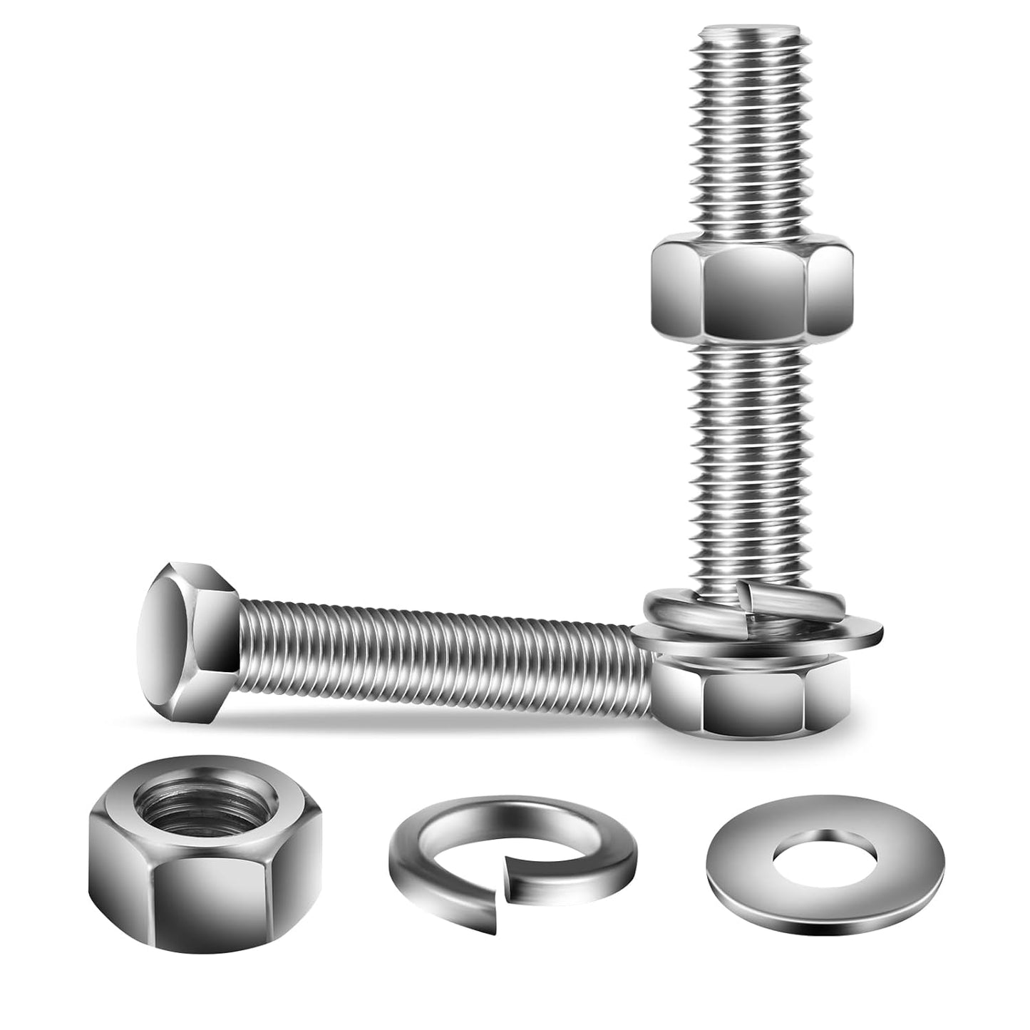 1/4-20 x 3-1/2" Hex Head Screw Bolt, Nuts, Flat & Lock Washers, 10Pcs 18-8 (304) Stainless Steel, Fully Threaded, by SG TZH
