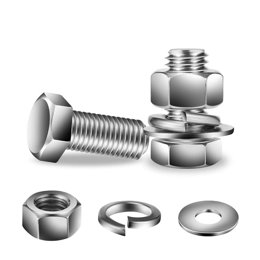 5/16-18 x 1" Hex Head Screw Bolt, Nuts, Flat & Lock Washers, 10Pcs 18-8 (304) Stainless Steel, Fully Threaded, by SG TZH