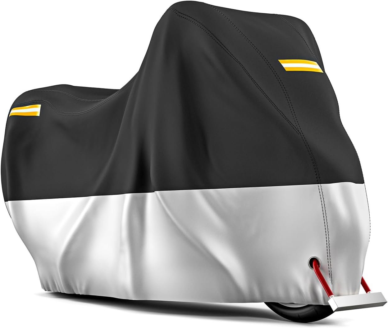 Motorcycle Cover All Season Waterproof Breathable Sun Outdoor Protection Three Reflective Tape with Lock-Holes & Storage Bag Bike Scooter Cover Universal (Silver and Black, 104''*41''*50'')
