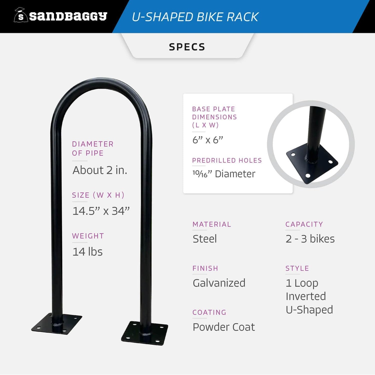 Sandbaggy U Shaped Bike Rack - Outdoor, Commercial - Galvanized Steel - Surface/Ground Mounted (10, Blue)