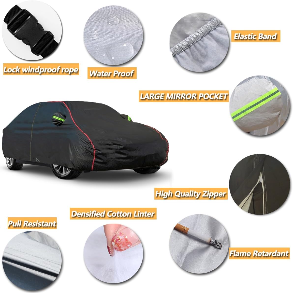 AUQDD 6-Layers PEVA New Material Sedan SUV Full Padded Car Cover Waterproof All Weather Weatherproof UV Sun Protection Snow Dust Storm Resistant Outdoor Exterior Custom Form-Fit Straps 198"-208" Black