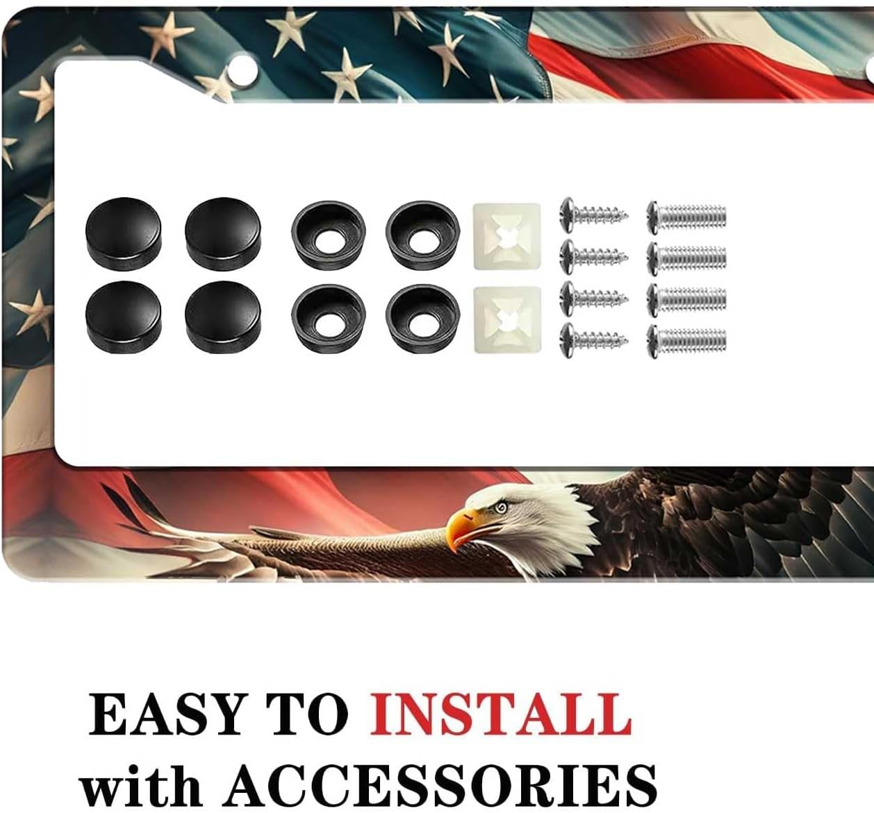 2 Pack US Flag Eagle Universal License Plate Frame - Heavy Duty Rustproof Aluminum Matte Black Car Tag Holder Bracket Fits All US States, Easy Install with Screws Included