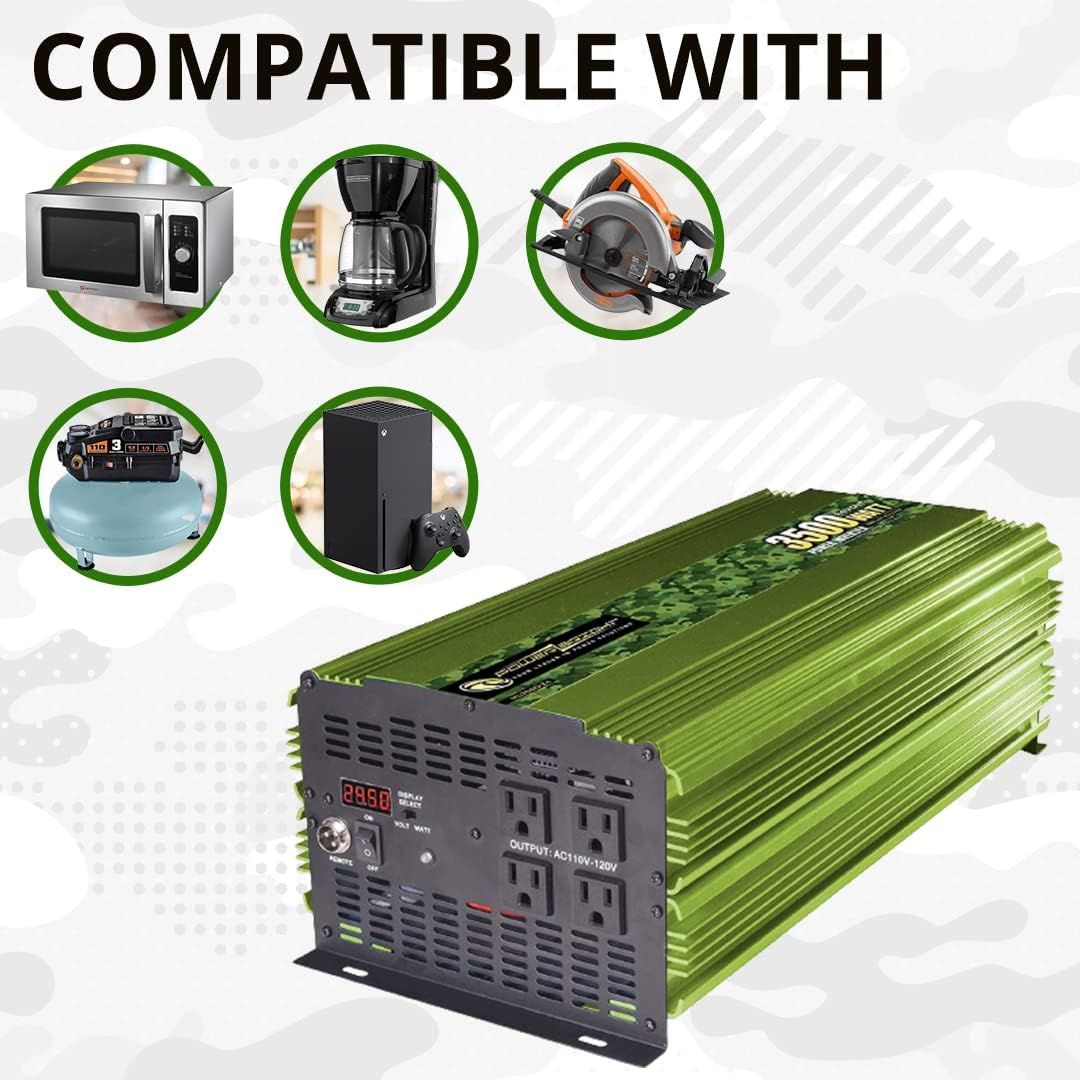 3500 Watt Power Inverter, Easy to Install DC 24V to 120V AC Car Inverter w/Four AC Outlets, LCD Digital Display & Wireless Remote Control - CE Approved
