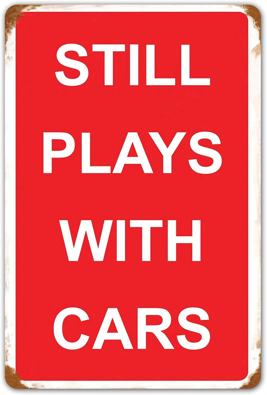 HomDeo Funny Vintage Plays with Cars Metal Sign Garage Man Cave Home Bar Decor 8x12 Inch