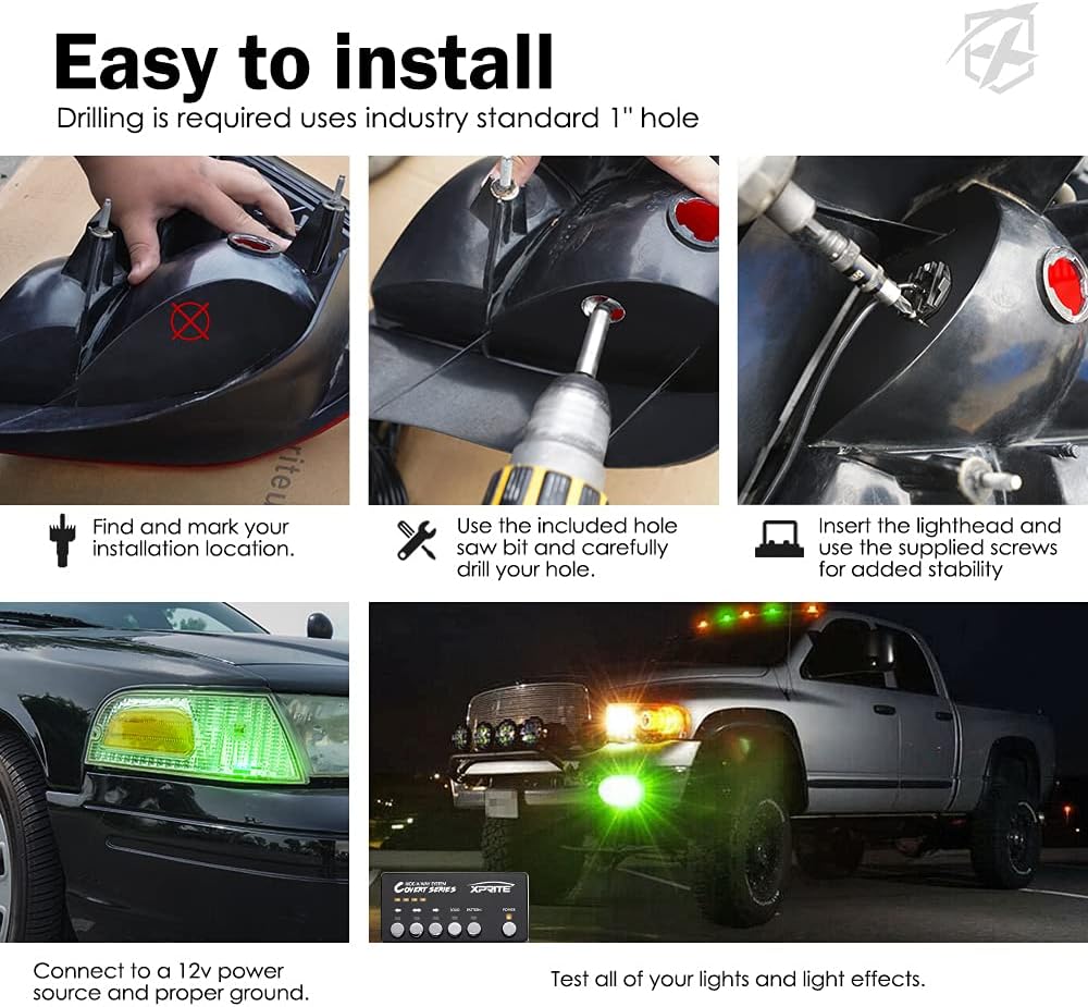 Xprite Amber Green LED Hideaway Strobe Lights Kit 20 Flashing Patterns w/Control Panel Headlights Taillights Fog Marker Light Mounting, for Roadside Emergency Vehicles Trucks SUV Vans 12V Cars 6 PCs