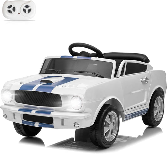 Winado Licensed Shelby Electric Car for Kids, Battery Powered Ride On Toy for Toddlers with Remote Control, Upgrade Display Panel, Bluetooth, Shock Absorbers, Safety Belt, 3 Speeds, LED Lights - White