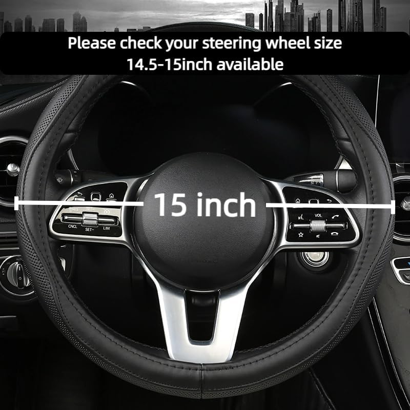 Cowhide Steering Wheel Cover Heat Resistant Anti-Slip Car Wheel Wrap Compatible with Most Makes and Models of Cars and Trucks with 14.5 to 15 Inch Steering Wheel(Black)