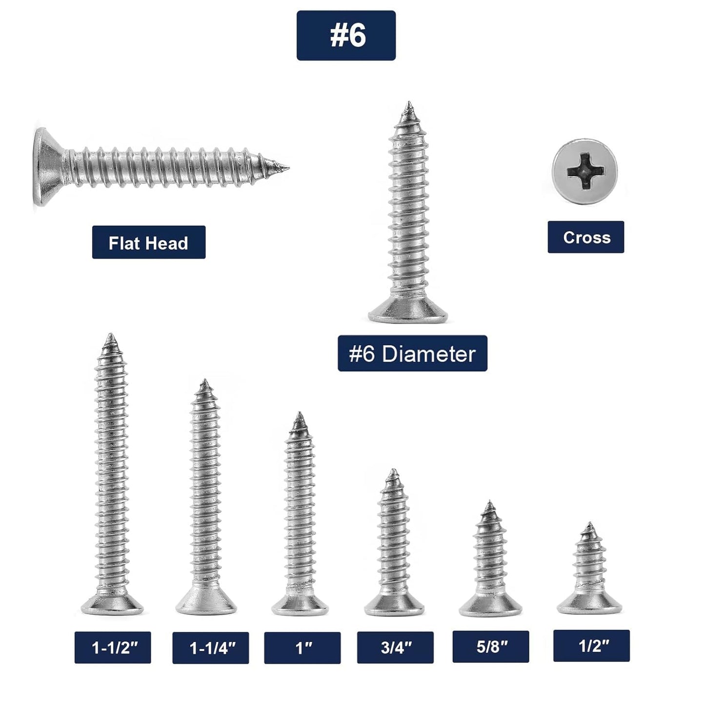#6 x 1-1/2" Wood Screw 100Pcs 18-8 (304) Stainless Steel Screws Flat Head Phillips Fast Self Tapping Drywall Screws by SG TZH