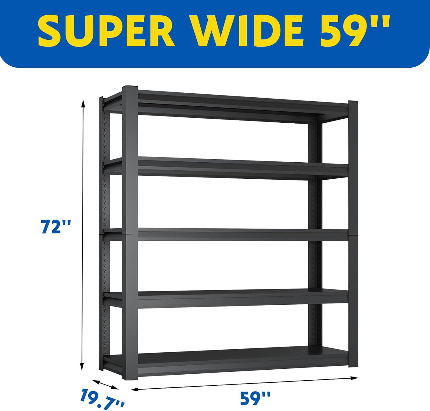 72''H Garage Shelving Heavy Duty, 2800LBS Storage Shelves, 5-Tier Adjustable Metal Shelve Storage Shelf Rack, Industrial Shelving Unit for Garage, Warehouse, Basement (59" W x 19.7" D x 72" H)