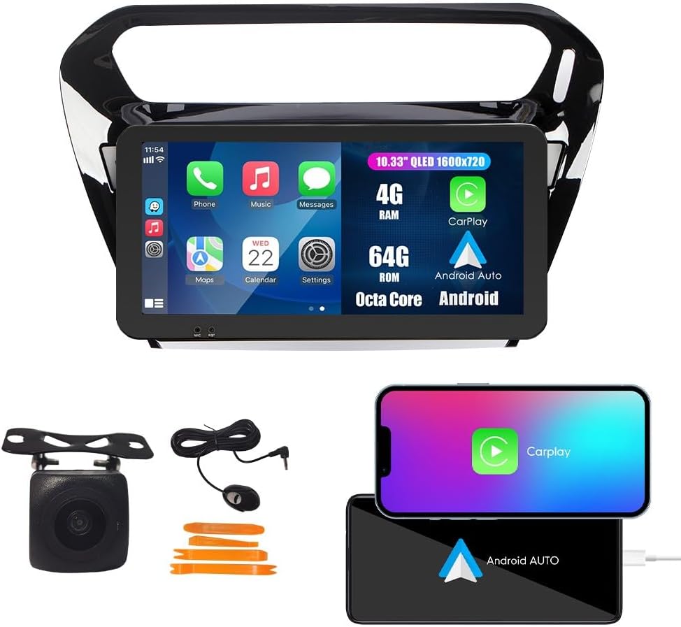 Kunfine Car CarPlay Android Auto Navigation Stereo GPS Radio Camera Display 10.33" QLED Touchscreen Headunit Tablet Media Player for Peugeot 301 2013-2022, if Applicable Octa Core 4G+64G Gloss Black