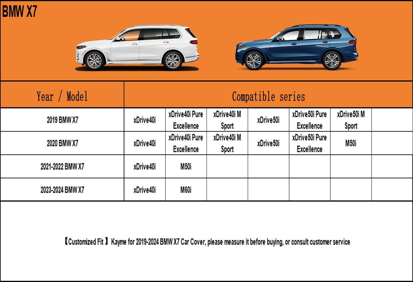 Kayme 6 Layers SUV Car Cover Custom Fit for BMW X7（2018-2025） Waterproof All Weather for Automobiles, Outdoor Full Cover Rain Sun UV Protection.Silver