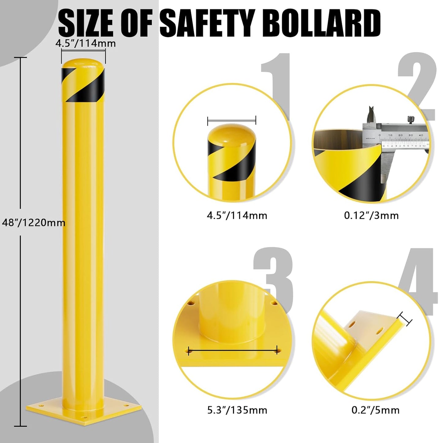Safety Bollard Post, 48 Inch Height Steel Bollards, 4.5 Inch Diameter Parking Bollard, Yellow Powder Coated Safety Parking Barrier Post, for Traffic Sensitive Areas,10P