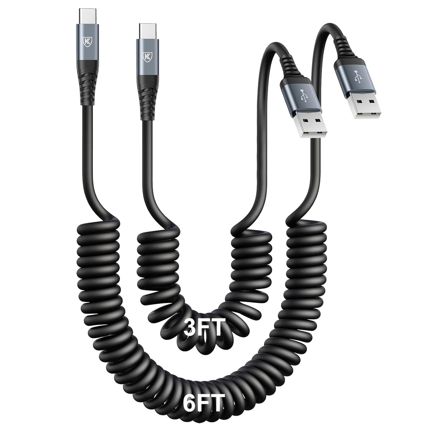 USB Type C Charger Cable Fast Charging [3FT+6FT], 2Pack Coiled USB A to USB C Charger Cable for Car Android Auto USB C Charger Cord, USBC Cable Compatible with iPhone 16/15/Samsung Galaxy A10e A20 S20