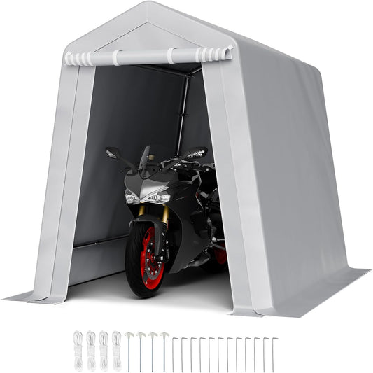 VEVOR 6x8x7 FT Portable Outdoor Storage Shed, Heavy-Duty Waterproof Shelter with Roll-Up Zipper Door & Vents, UV-Resistant Carport for Motorcycle, Bike, Lawn Mower, Tools �Gray