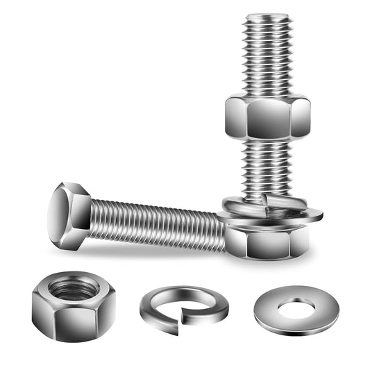 5/16-18 x 2" Hex Head Screw Bolt, Nuts, Flat & Lock Washers, 20Pcs 18-8 (304) Stainless Steel, Fully Threaded, by SG TZH