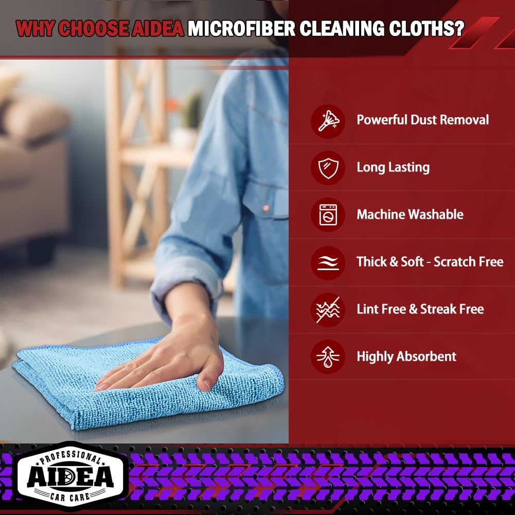 AIDEA Microfiber Cleaning Cloth, 50PK, Blue Shop Rags, Microfiber Towels for Cars, Dusting Cloth Lint Free Rags, Absorbent Towels for SUVs, House, Kitchen, Mechanic, Workshops, 12"×12"