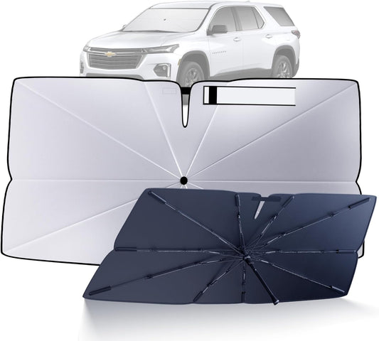 Windshield Sun Shade Umbrella Compatible with 2018-2023 Chevy Traverse Accessories: Custom Fit 210T Silver, Foldable Sunshade Front Window Sun Visor, Blocks UV Rays, Keeps Car Cool for L, LS, LT, RS