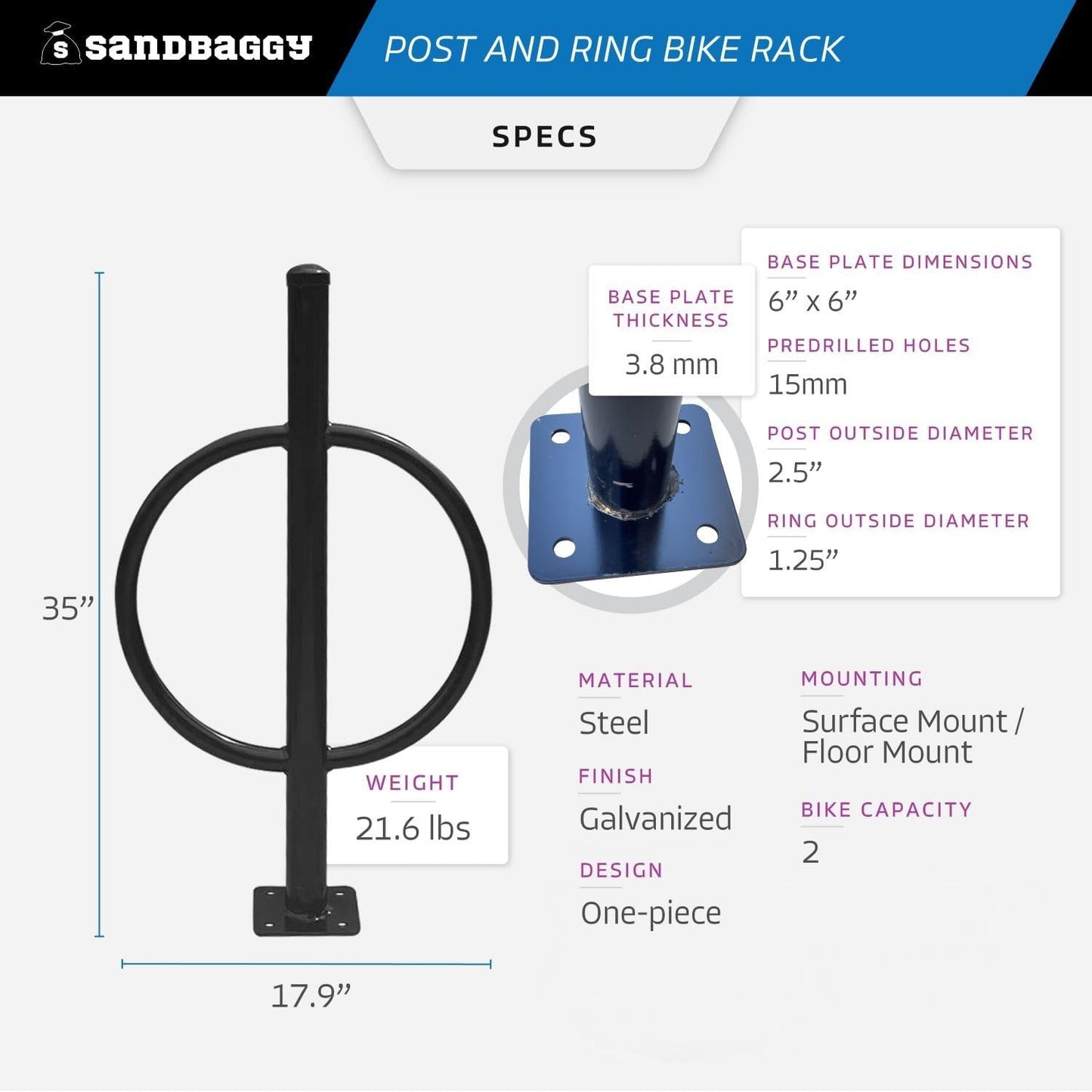 Sandbaggy Post and Ring Bike Rack - Commercial Bike Racks - Galvanized Steel - Anti-Theft Design - In Ground, Apartments, Sidewalks, Industrial (Gray, 1)