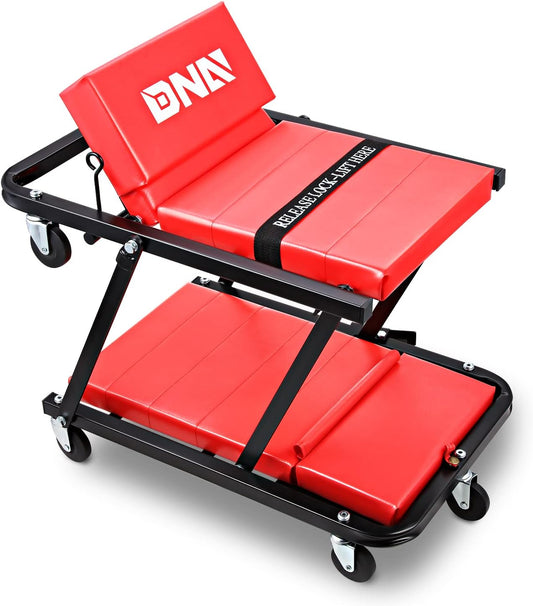 DNA Motoring TOOLS-00192 48" 2 IN 1 Folding Rolling Garage Shop Creeper Roller Seat, 7 Pcs 2" Casters, 350 Lbs Weight Capacity, Red