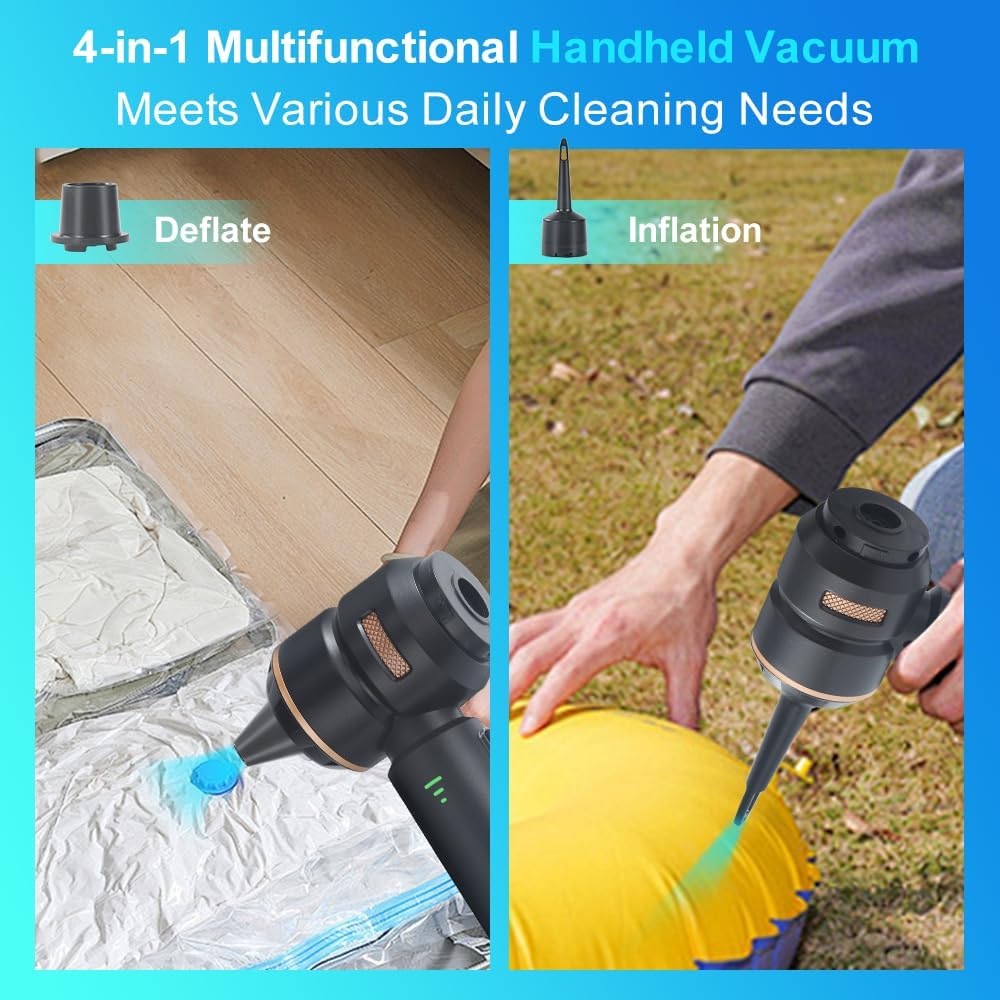 Handheld Car Vacuum 18000PA, 4-in-1 Mini Vacuum Cleaner Portable Cordless, Air Blower, High Power Air Duster with Brushless Motor, Suitable for Car, Home, Pet, Office, Camping (Golden)