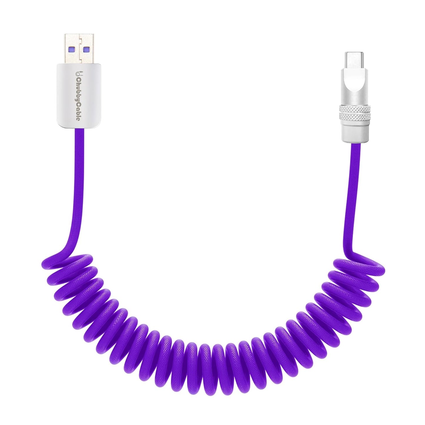chubbycable Curly Chubby - Retractable Fast Charging Cable 240W Coiled Charger Cord for Car Durable USB-C Cable for Phones, Tablets and More, Purple, USB-A to Type-C, 1.3FT-2.3FT