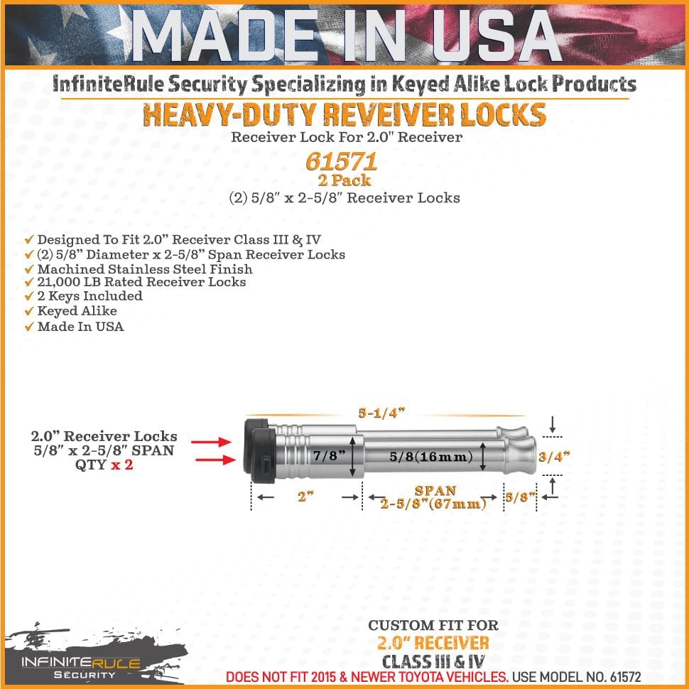 61571 | 2 Pack, Keyed Alike, Receiver Locks for 2" Receiver - Class III & IV