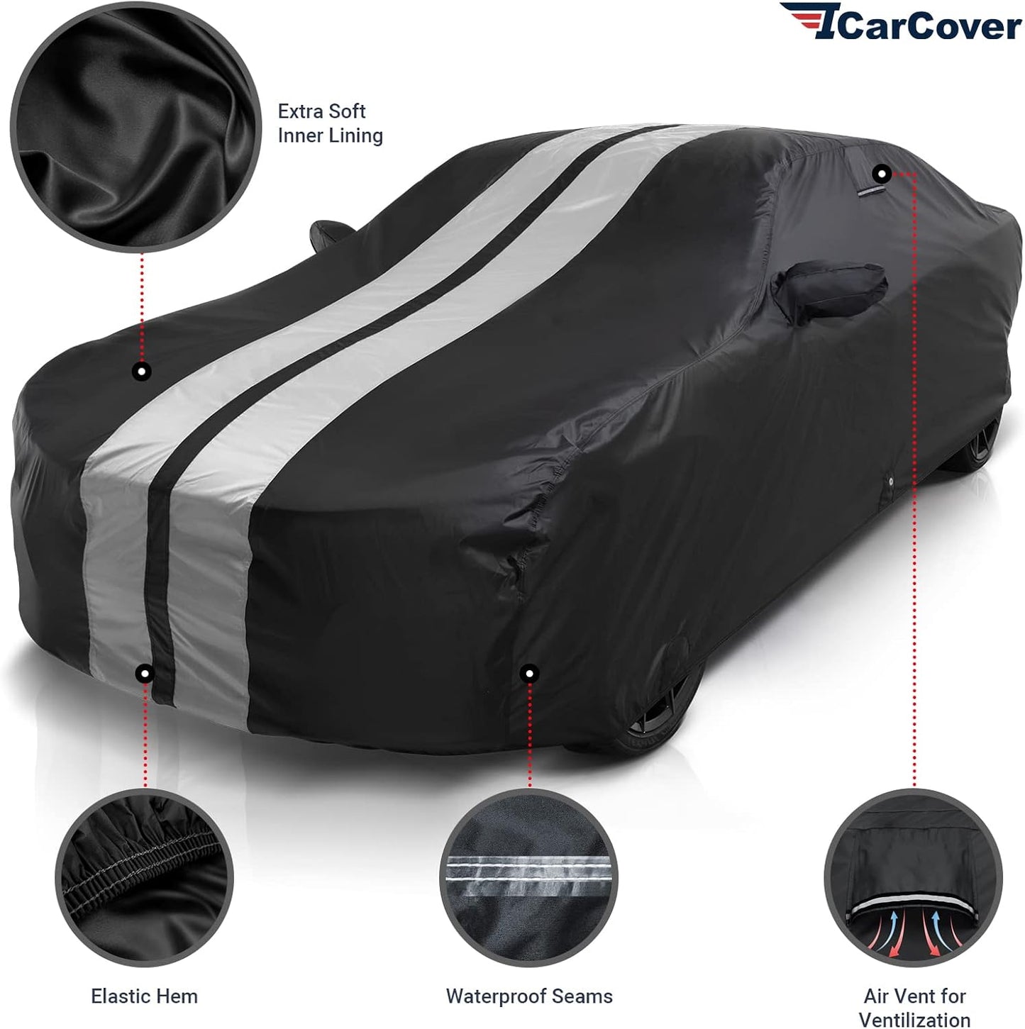 iCarCover Custom Car Cover Compatible with Challenger 2008-2024, Waterproof All-Weather Rain Snow UV Sun Protector Full Exterior Indoor Outdoor Car Covers, Stripe (Black/Gray)