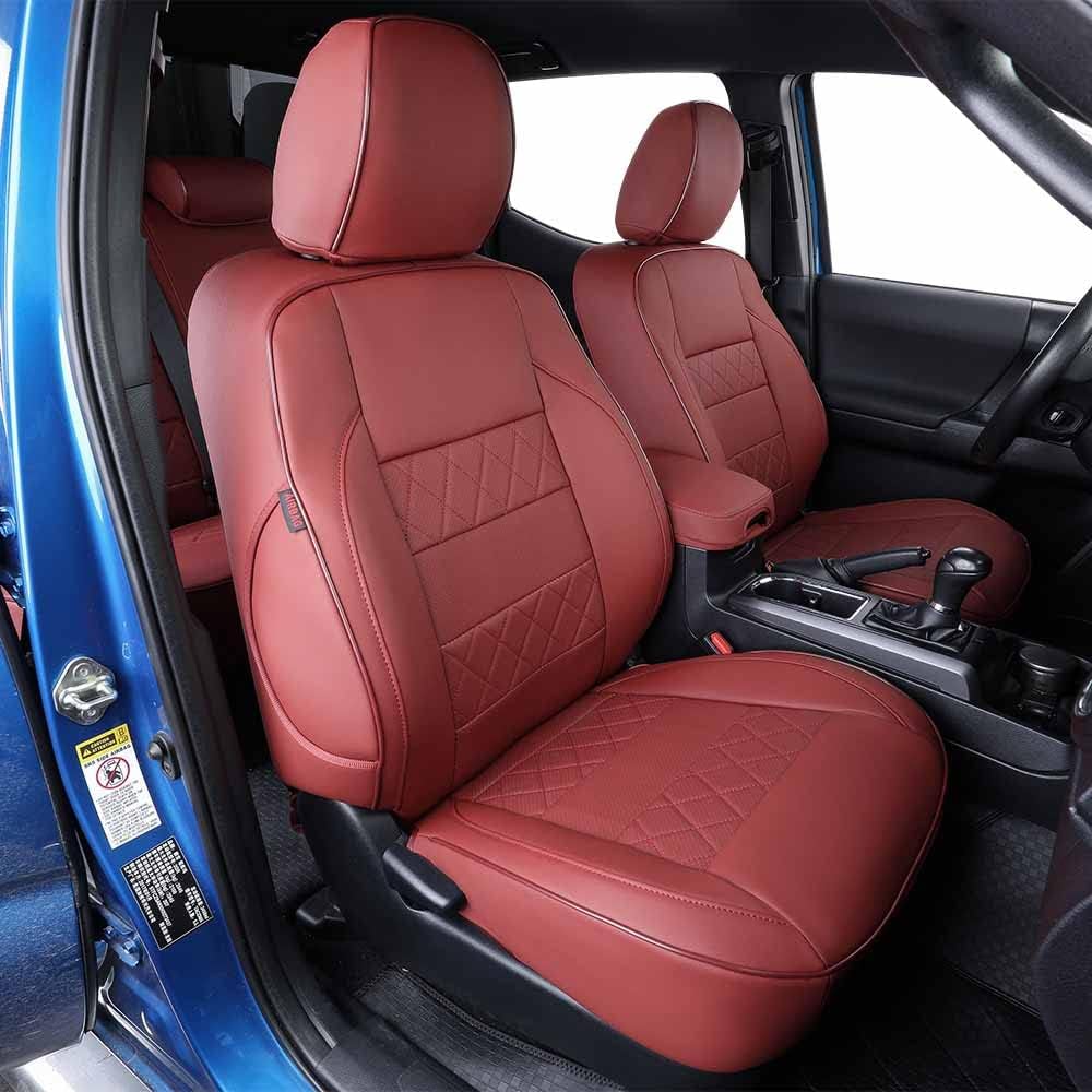 EKR Custom Fit Tacoma Leather Car Seat Covers for Select Toyota Tacoma 2012 2013 2014 2015 (Regular Seats)- Full Set,Leather(Burgundy)
