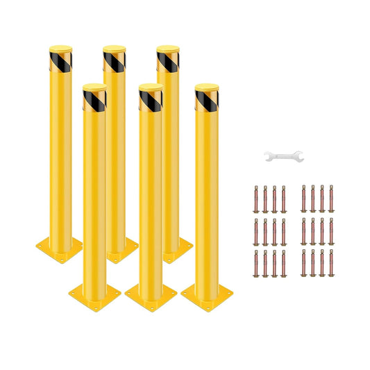 6 Pack Safety Bollard Post, 42 Inch Height 4.5 Inch Diameter Yellow Pipe Safety Steel Bollards with Anchor Bolts and Wrench, Steel Bollards for Road Warning Construction Public Place Traffic Control