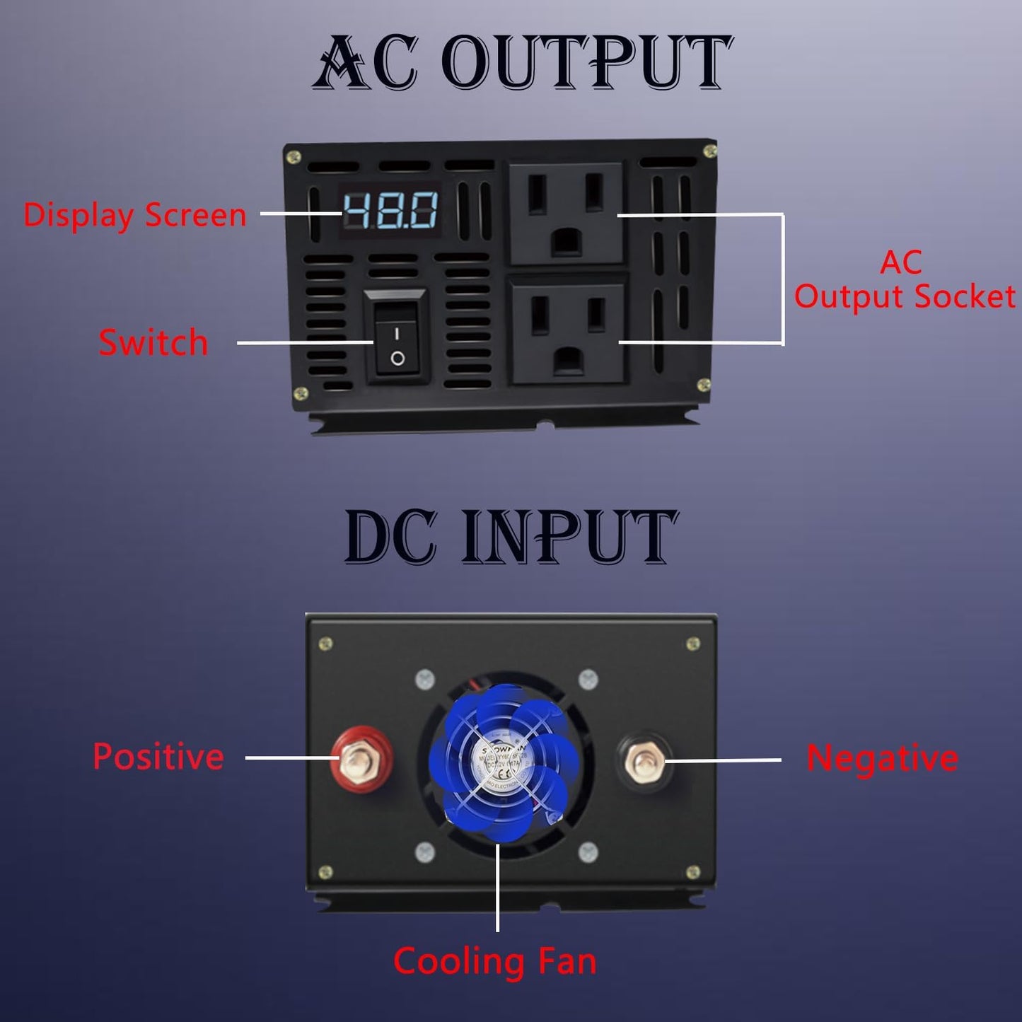 800W Pure Sine Wave Inverter-36V DC to 110V 120V AC Power Converter with 2 AC Outlets, 36 Volt Power Inverter for Truck, Rv, Camping, Home, Emergency Power