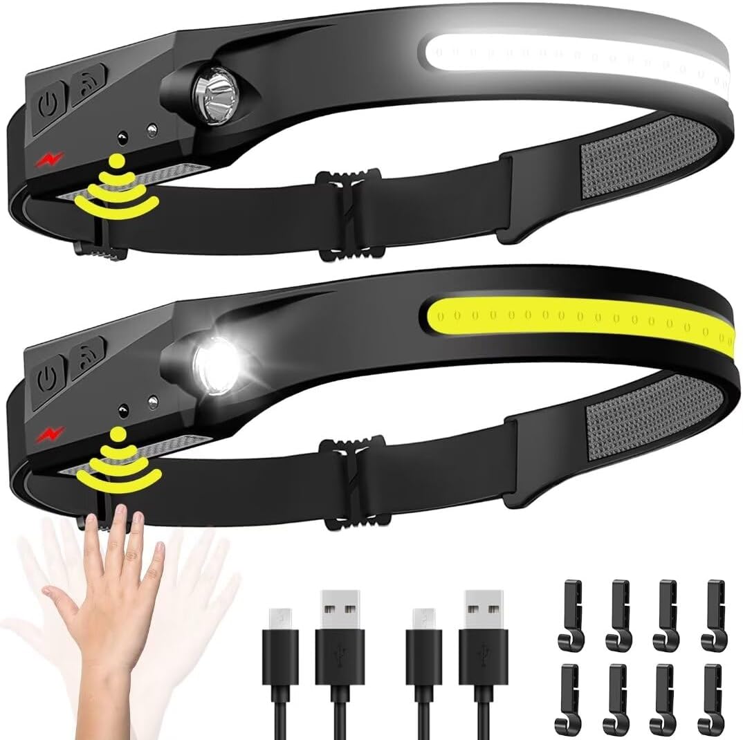 Headlamp Rechargeable 2PCS, 230° Wide Beam Head Lamp LED with Motion Sensor for Adults - Camping Accessories Gear, Waterproof Head Light Flashlight for Hiking, Running, Repairing, Fishing, Cycling