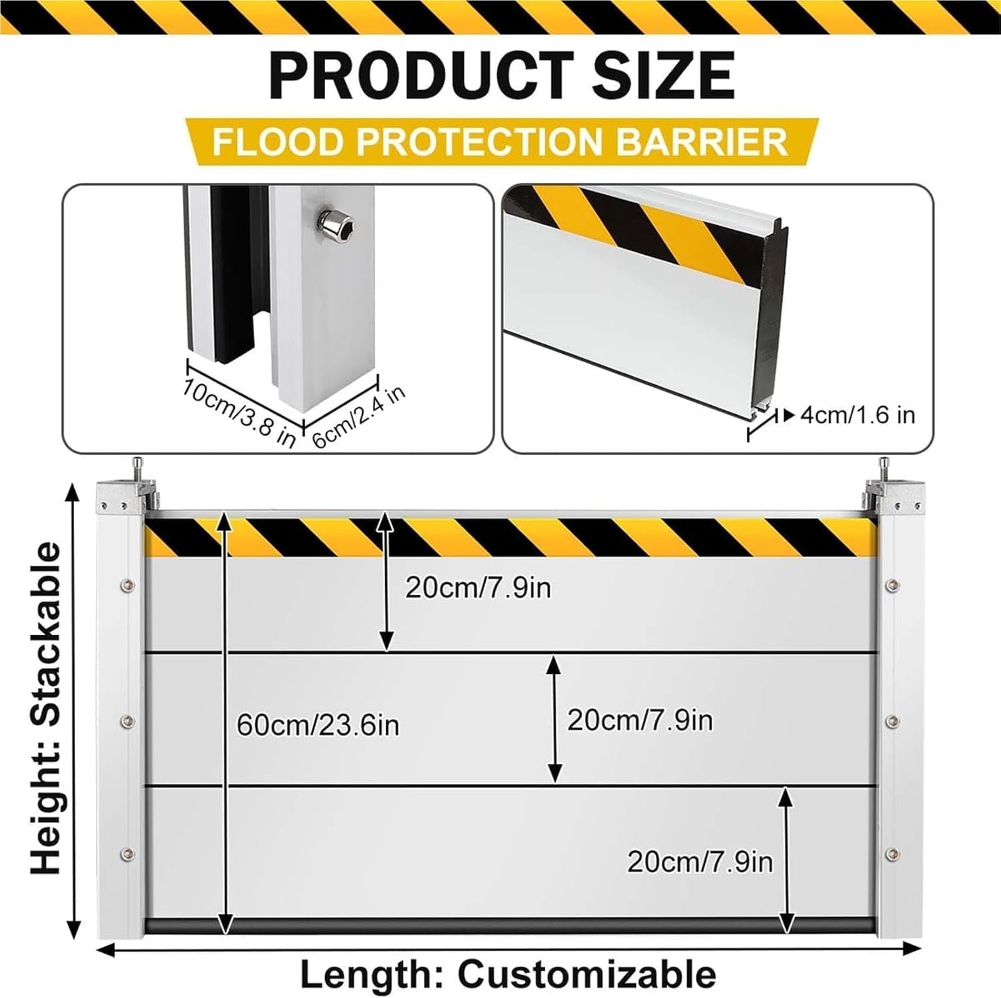 Reusable Heavy Duty Aluminum Flood Barriers for Home Exterior, Flood Protection Barriers Water Barrier Door Quick Detachable Garage Doors Detachable Mobile Rain Water Baffle (H 7.9 inch L 1FT)