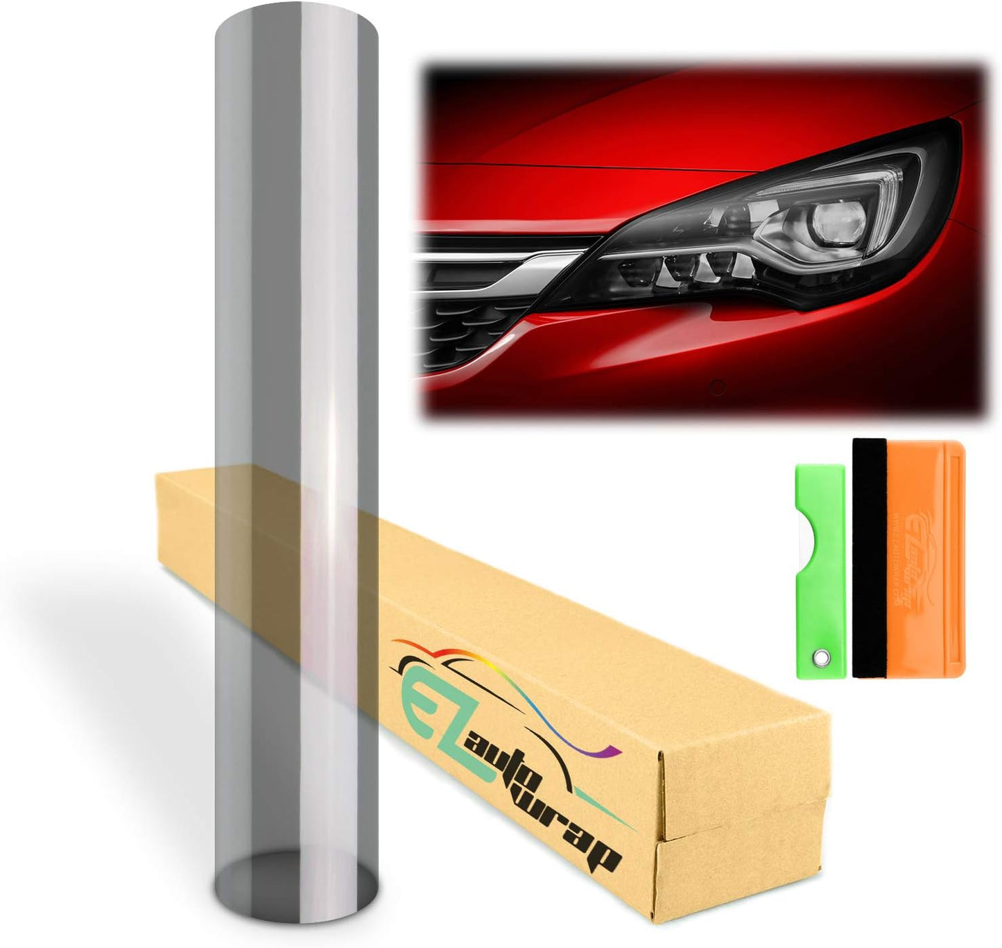 EZAUTO WRAP Free Tool Kit 12"x120" (1FT x 10FT) Glossy Light Black Smoke Headlight Taillight Fog Light Side Marker Vinyl Tint Film Self Adhesive