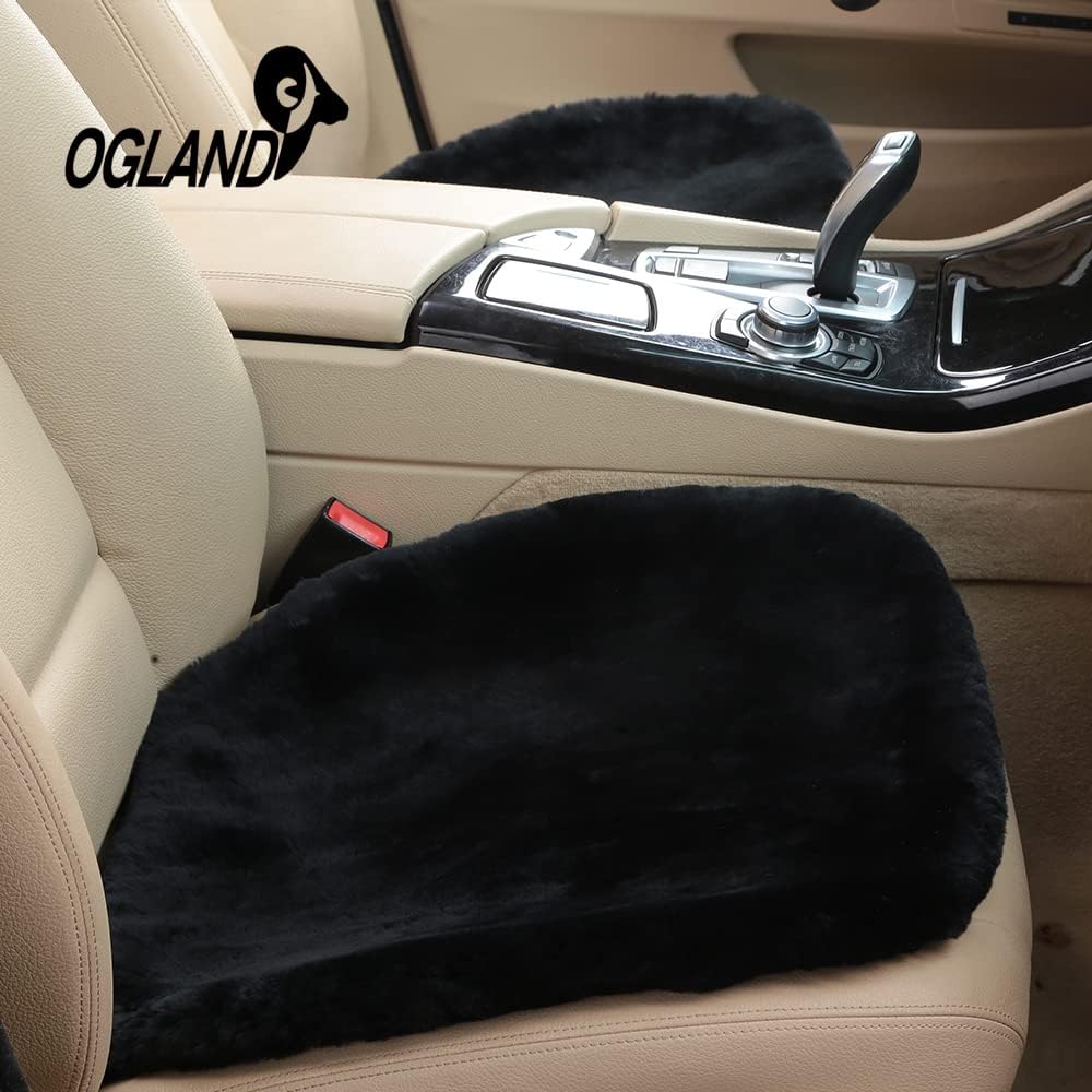 20 inchs Fluffy Genuine Australia Sheepskin Car Seat Cover for Auto Interior Accessories with Soft Fuzzy Wool Natural Fur Non-Slip (Black, Front)