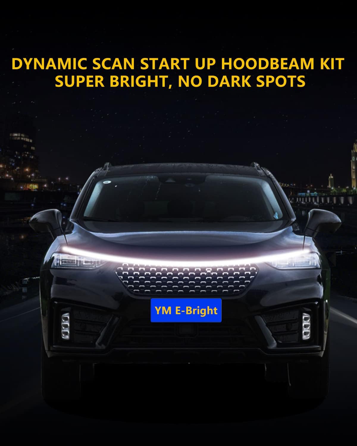 YM E-Bright Led Hood Light Strip Flexible Waterproof Dynamic Scan Start Up Hoodbeam Kit DRL Daytime Running Lights Exterior Led Lights for Cars,Truck,SUV,12V White 240CM/94inch,1 Set